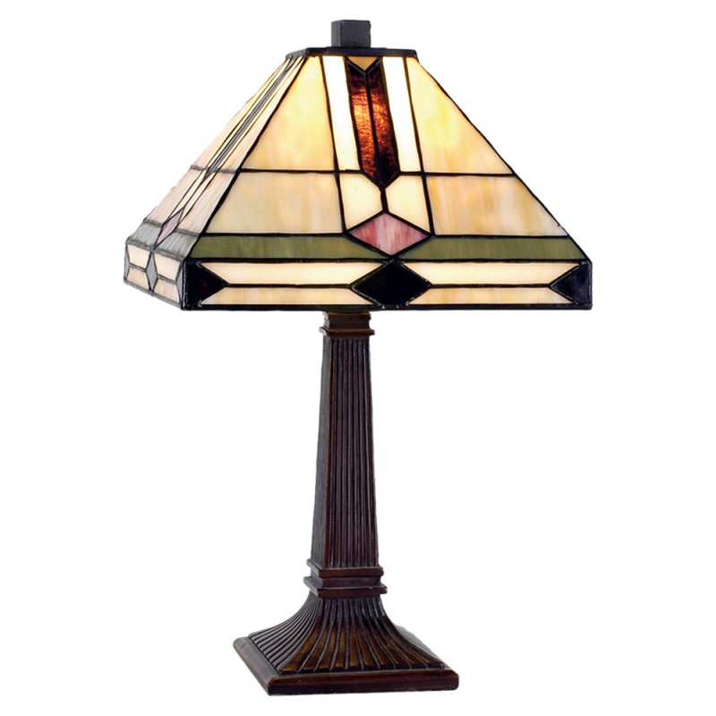 LumiLamp Tiffany Tischleuchte 30x30x37 cm – Handgefertigte Art Déco Tischlampe Geometrisch Creme & Grün | E27