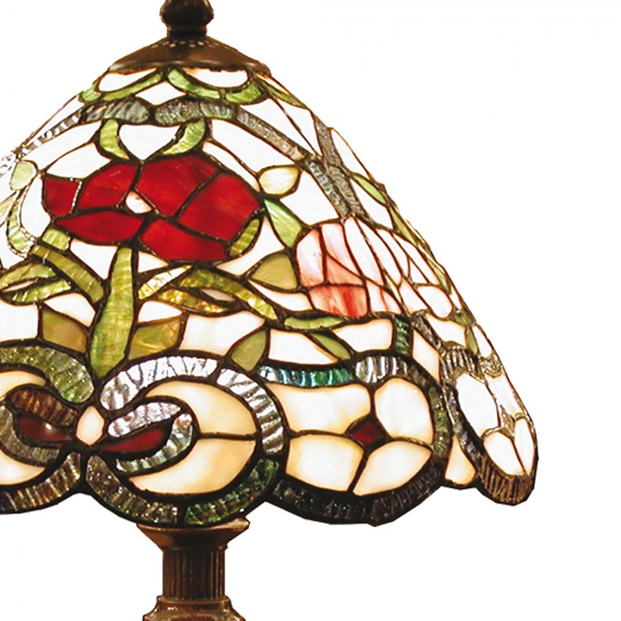 LumiLamp Tiffany Tischleuchte Ø 32x47 cm – Handgefertigte Jugendstil Tischlampe Rose & Ranken Beige, Rot & Grün | E27