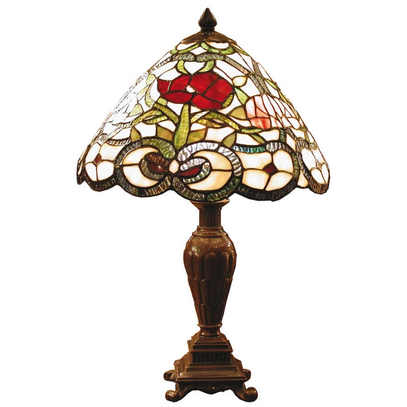 LumiLamp Tiffany Tischleuchte Ø 32x47 cm – Handgefertigte Jugendstil Tischlampe Rose & Ranken Beige, Rot & Grün | E27