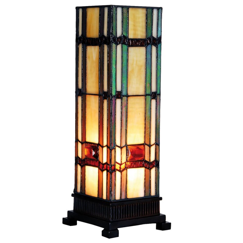 LumiLamp Tiffany Tischleuchte Lichtsäule 18x18x45 cm – Handgefertigte Art Déco Säulenlampe Blau & Beige | E27