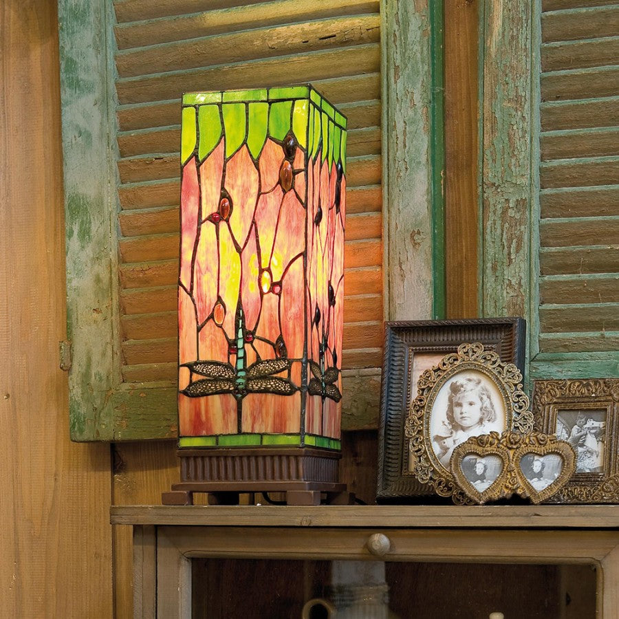 LumiLamp Tiffany Tischleuchte Lichtsäule Libelle 18x18x45 cm – Handgefertigte Säulenlampe Rot & Grün | E27