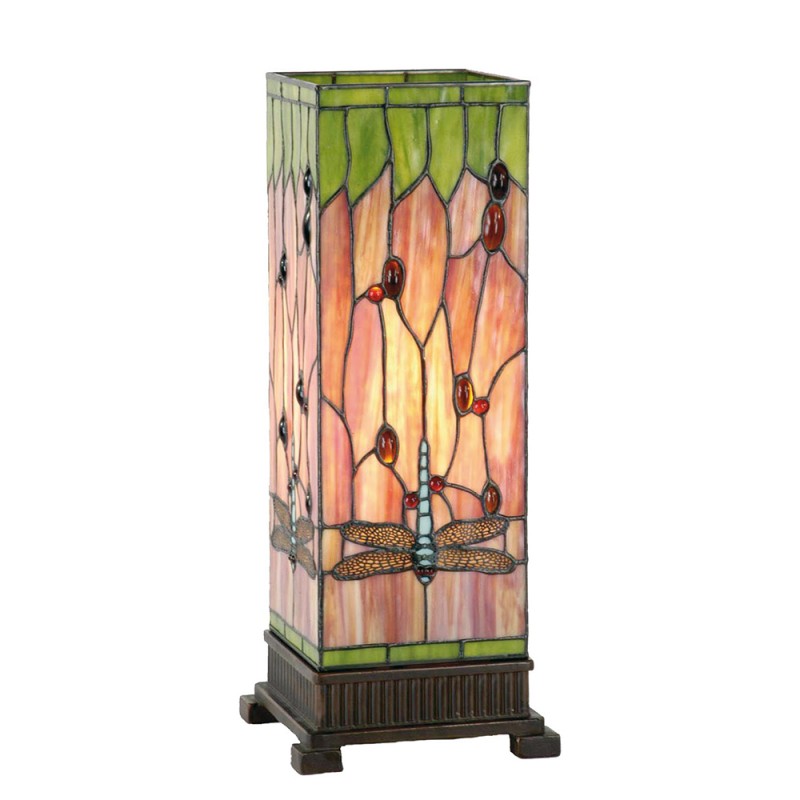 LumiLamp Tiffany Tischleuchte Lichtsäule Libelle 18x18x45 cm – Handgefertigte Säulenlampe Rot & Grün | E27