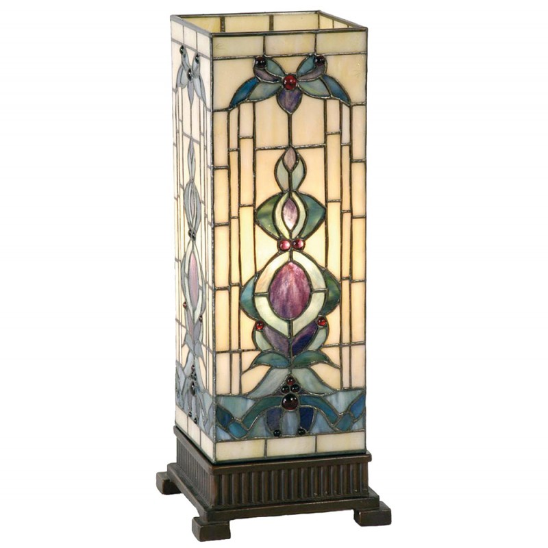 LumiLamp Tiffany Tischleuchte Lichtsäule 18x18x45 cm – Handgefertigte Art Déco Säulenlampe Beige & Blau | E27