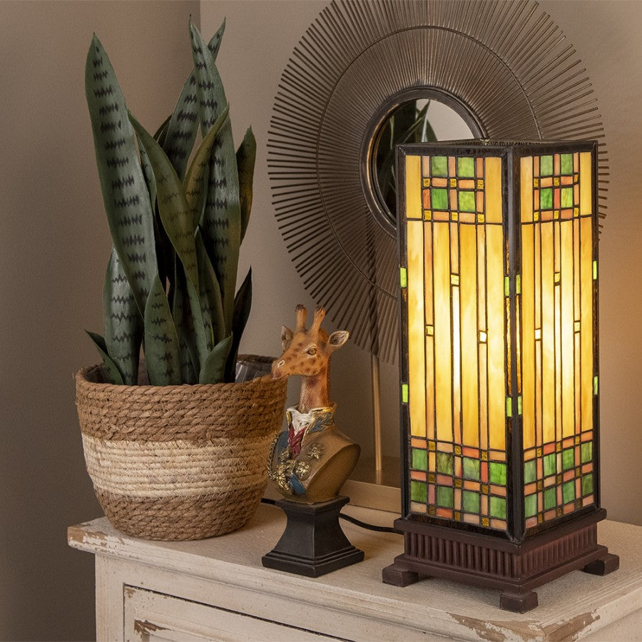 LumiLamp Tiffany Tischleuchte Lichtsäule 18x18x45 cm – Handgefertigte Art Déco Säulenlampe Beige & Braun | E27