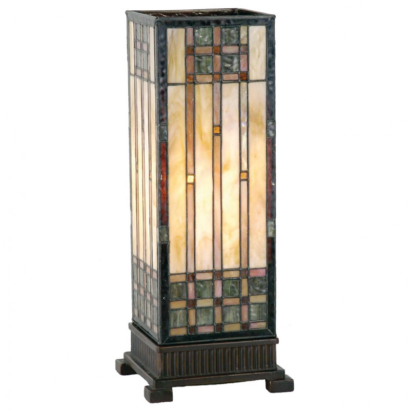 LumiLamp Tiffany Tischleuchte Lichtsäule 18x18x45 cm – Handgefertigte Art Déco Säulenlampe Beige & Braun | E27
