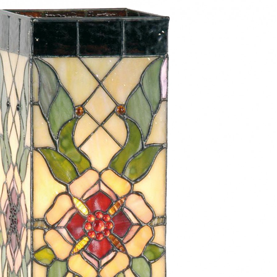 LumiLamp Tiffany Tischleuchte Lichtsäule Rose 18x18x45 cm – Handgefertigte Art Déco Säulenlampe Beige & Grün | E27