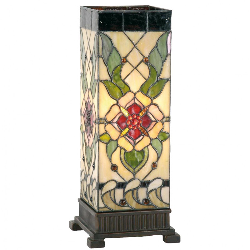 LumiLamp Tiffany Tischleuchte Lichtsäule Rose 18x18x45 cm – Handgefertigte Art Déco Säulenlampe Beige & Grün | E27