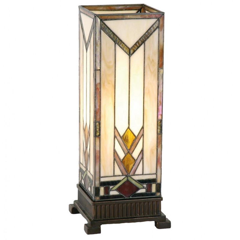 LumiLamp Tiffany Tischleuchte Lichtsäule 18x18x45 cm – Handgefertigte Art Déco Säulenlampe Beige & Bernstein | E27
