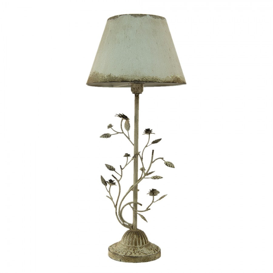 Shabby-Chic-Tischlampe mit Blattranken & Stoffschirm Antikweiß Eisen Ø 33x79 cm von Clayre & Eef (5LMC0001)