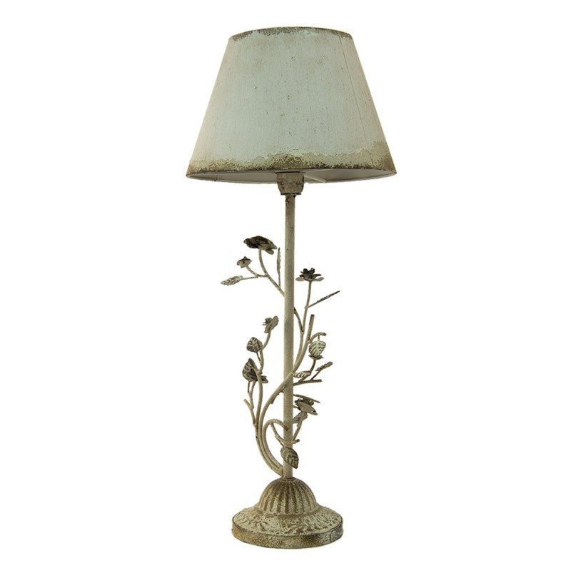 Shabby-Chic-Tischlampe mit Blattranken & Stoffschirm Antikweiß Eisen Ø 33x79 cm von Clayre & Eef (5LMC0001)