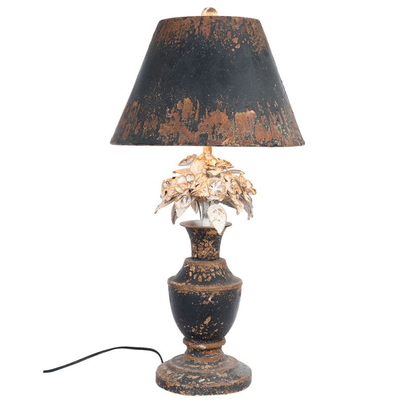 Antike Tischlampe Urne mit Blütenbouquet Grau-Rost Eisen Ø 36x73 cm von Clayre & Eef (5LMP186)