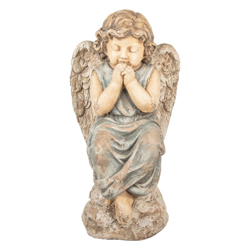 Magnesia-Dekorationsfigur Träumendes Engelskind auf Fels Rauchblau-Beige 32x23x56 cm von Clayre & Eef (5MG0088)