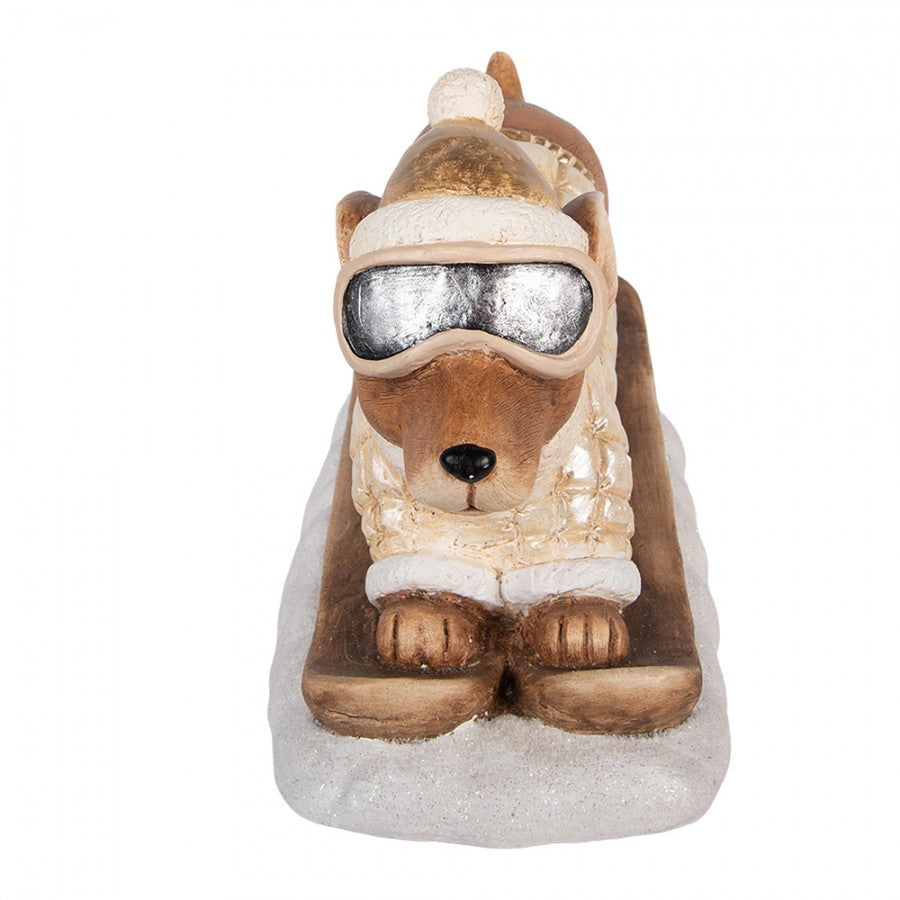 Weihnachtsfigur Hund Dackel Ski auf Schneesockel Steppjacke Magnesia Champagner Braun 50x23x29 cm von Clayre & Eef (5MG0116)