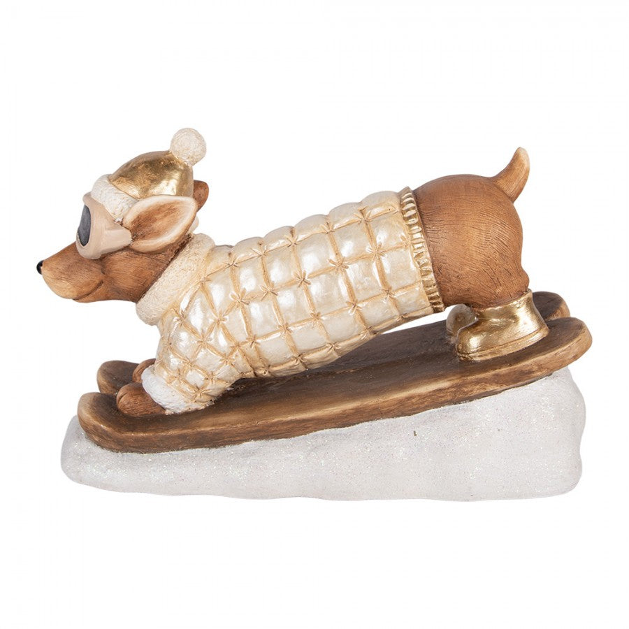 Weihnachtsfigur Hund Dackel Ski auf Schneesockel Steppjacke Magnesia Champagner Braun 50x23x29 cm von Clayre & Eef (5MG0116)