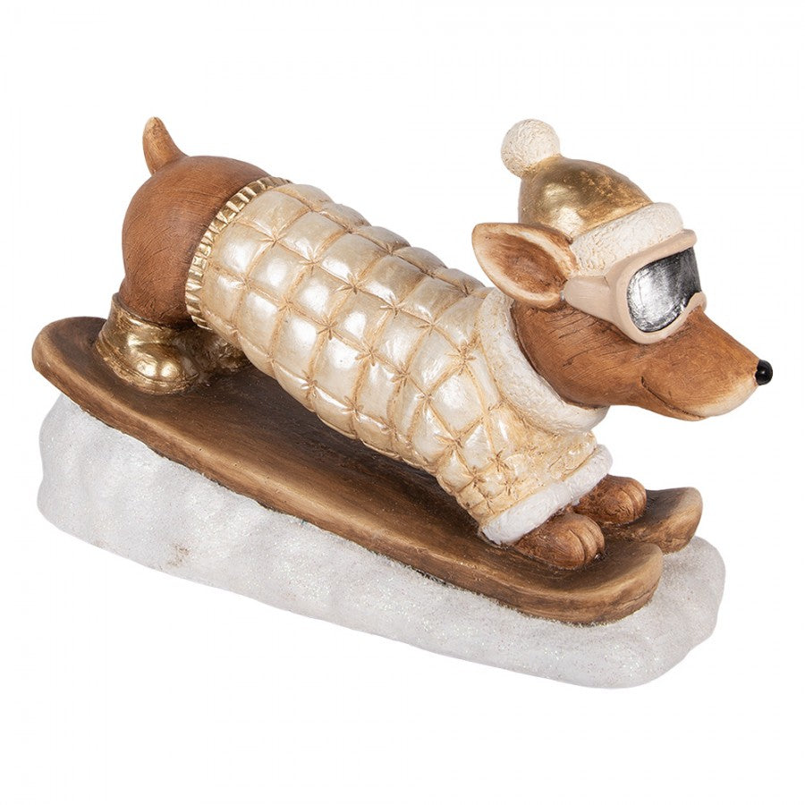 Weihnachtsfigur Hund Dackel Ski auf Schneesockel Steppjacke Magnesia Champagner Braun 50x23x29 cm von Clayre & Eef (5MG0116)