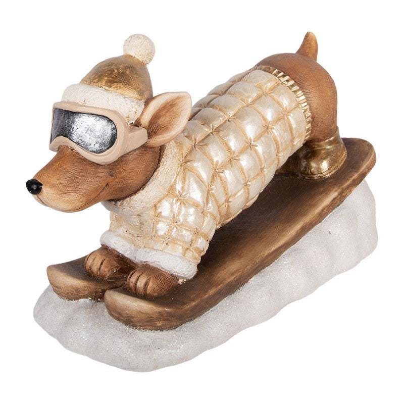 Weihnachtsfigur Hund Dackel Ski auf Schneesockel Steppjacke Magnesia Champagner Braun 50x23x29 cm von Clayre & Eef (5MG0116)