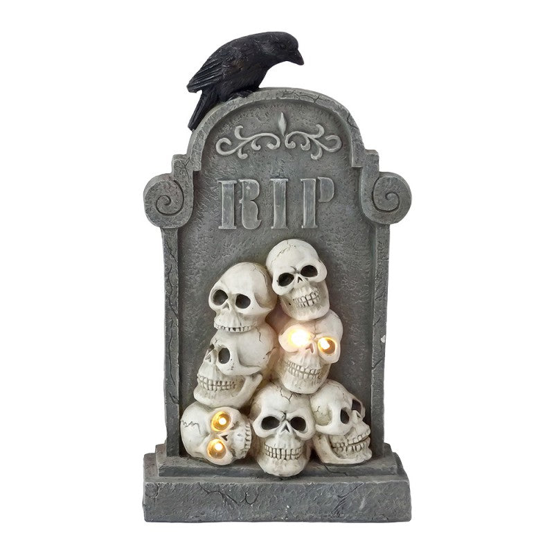 Halloween Dekoration Grabstein RIP mit Rabe LED Totenköpfe Grau 35x13x61 cm von Clayre & Eef (5PR0226)
