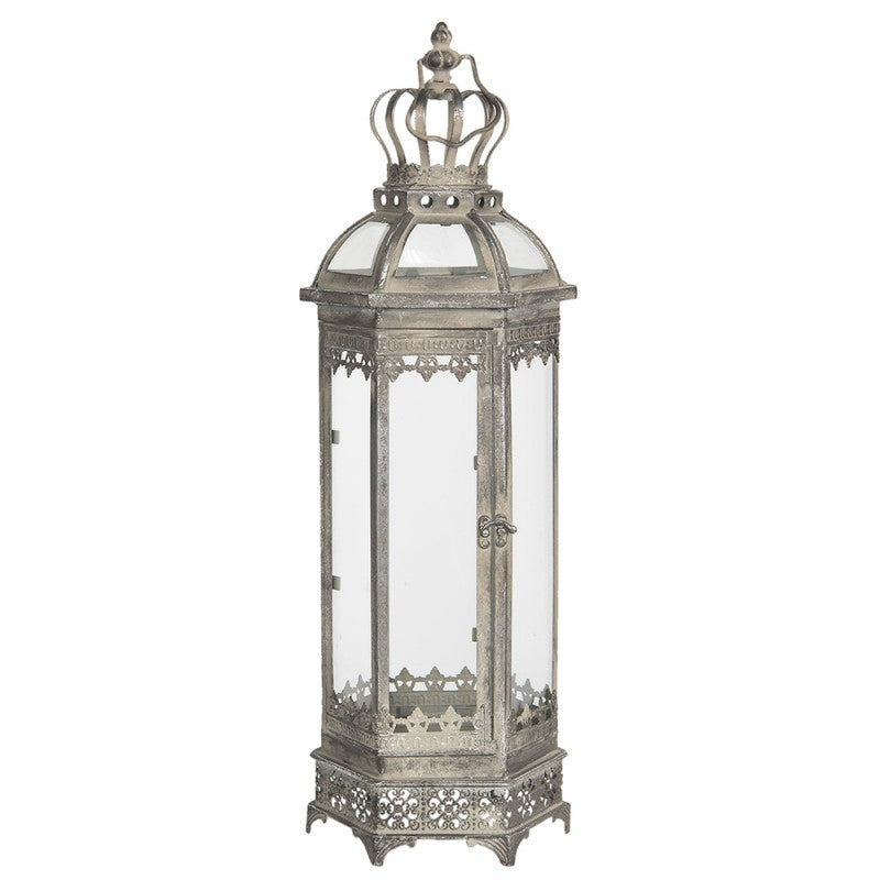 Royale Viktorianische Sechseck-Laterne mit Prunkkrone Antiksilber 19x16x58 cm von Clayre & Eef (5Y0740)