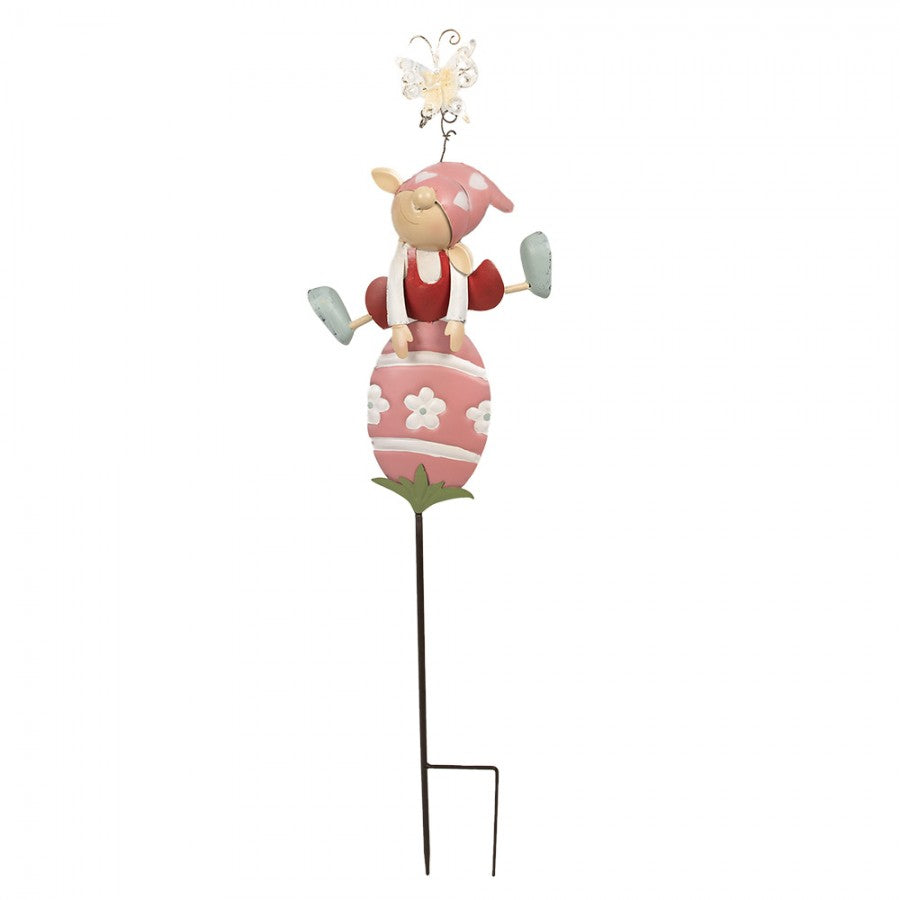 Bunter Metall-Gartenstecker Frühlings-Wichtel auf Osterei Rosa 24x7x84 cm von Clayre & Eef (5Y1223)