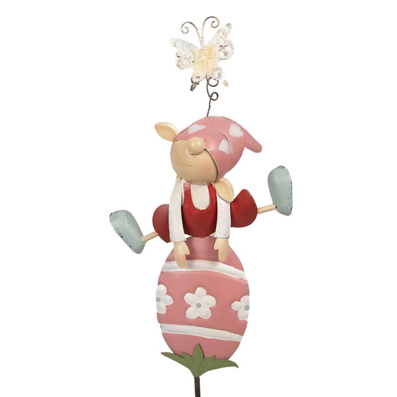 Bunter Metall-Gartenstecker Frühlings-Wichtel auf Osterei Rosa 24x7x84 cm von Clayre & Eef (5Y1223)
