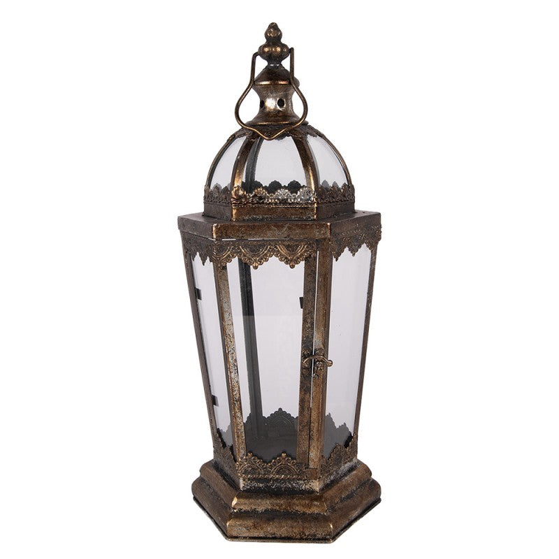 Sechseckige Metall-Laterne mit Glaskuppeldach Antikbraun-Gold 19x17x45 cm von Clayre & Eef (5Y1412)