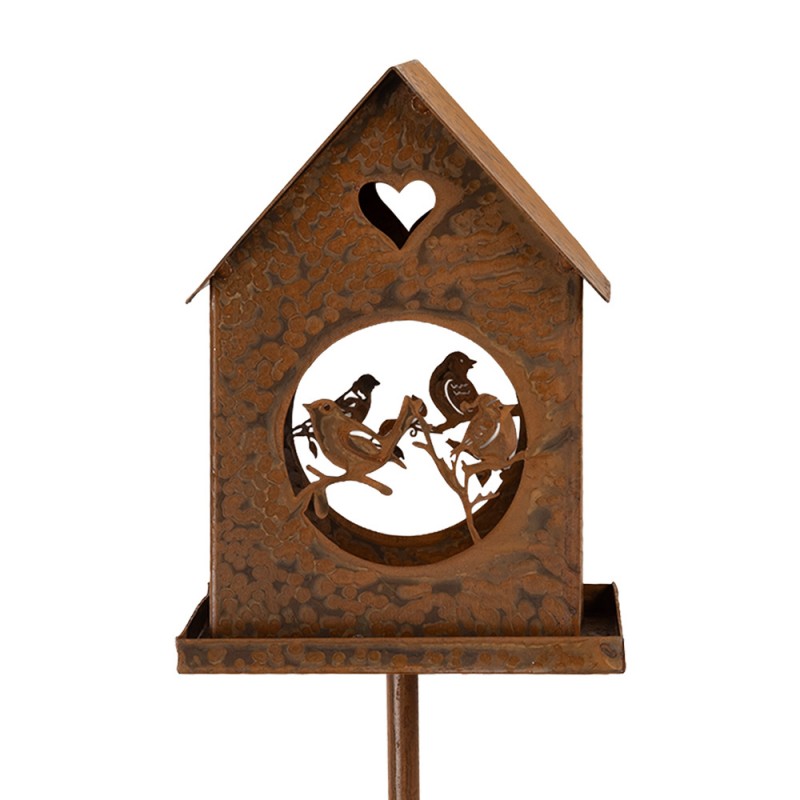 Edelrost-Gartenstecker Vogelhaus mit Vogelfamilie & Herz Braun Metall 14x14x92 cm von Clayre & Eef (5Y1468)