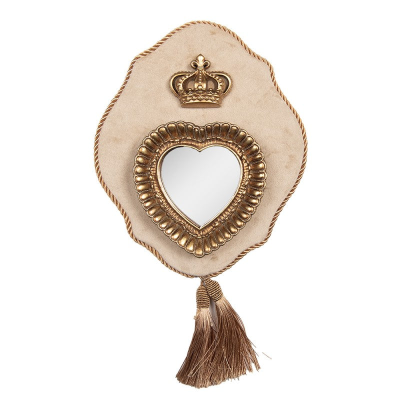 Barocker Wandspiegel Herz auf Samtpaneel mit Krone Beige-Gold Polyresin 19x3x22 cm von Clayre & Eef (62S334)