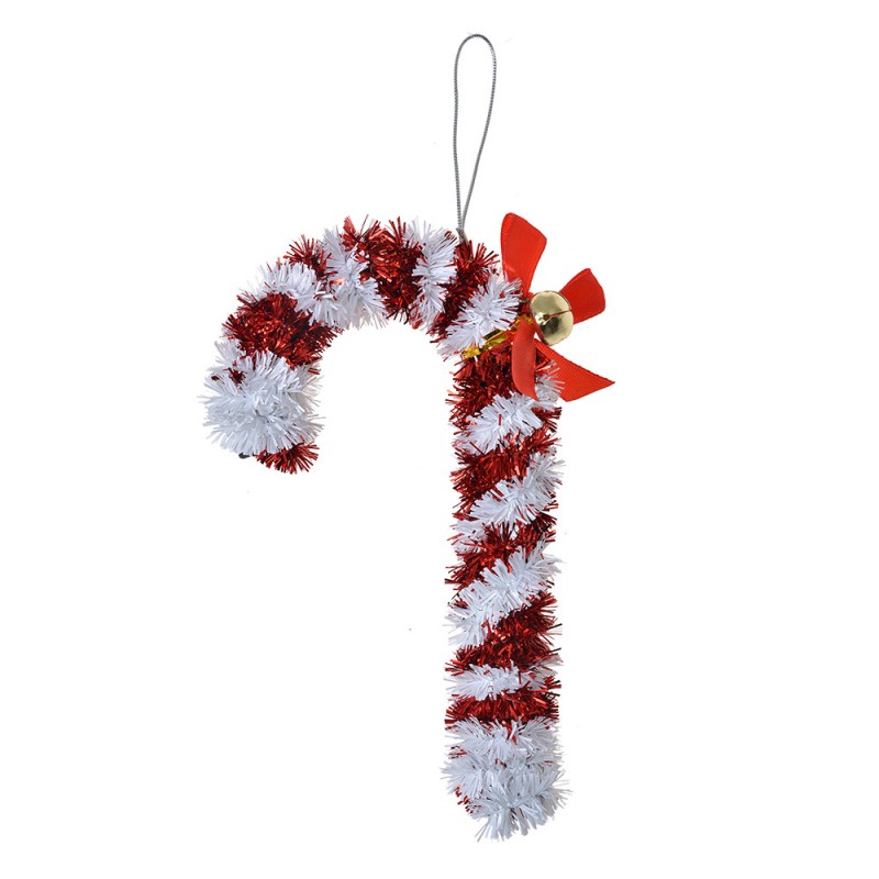 Weihnachtsanhänger Zuckerstange Lametta rote Schleife Glöckchen Rot Weiß 9x2x16 cm von Clayre & Eef (65479)