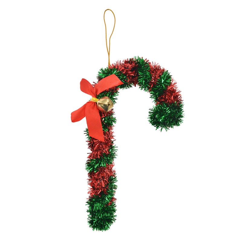 Weihnachtsanhänger Zuckerstange Lametta rote Schleife Glöckchen Rot Grün 9x2x16 cm von Clayre & Eef (65480)