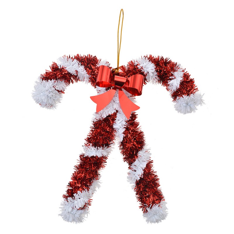 Weihnachtsanhänger gekreuzte Zuckerstangen Lametta rote Schleife Rot Weiß 16x2x17 cm von Clayre & Eef (65482)