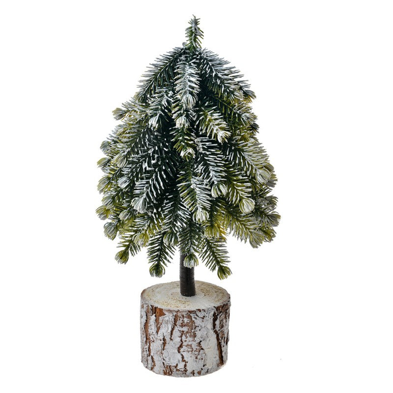 Deko-Weihnachtsbaum mit Birkenholzfuß verschneit Grün 11x11x25 cm von Clayre & Eef (65573)