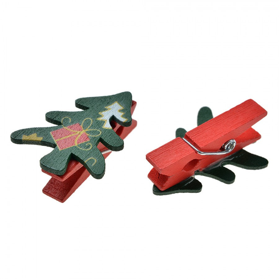 Deko-Holzklammern Tannenbaum mit Geschenk 8er-Set Grün-Rot 3x1x4 cm von Clayre & Eef (65640)