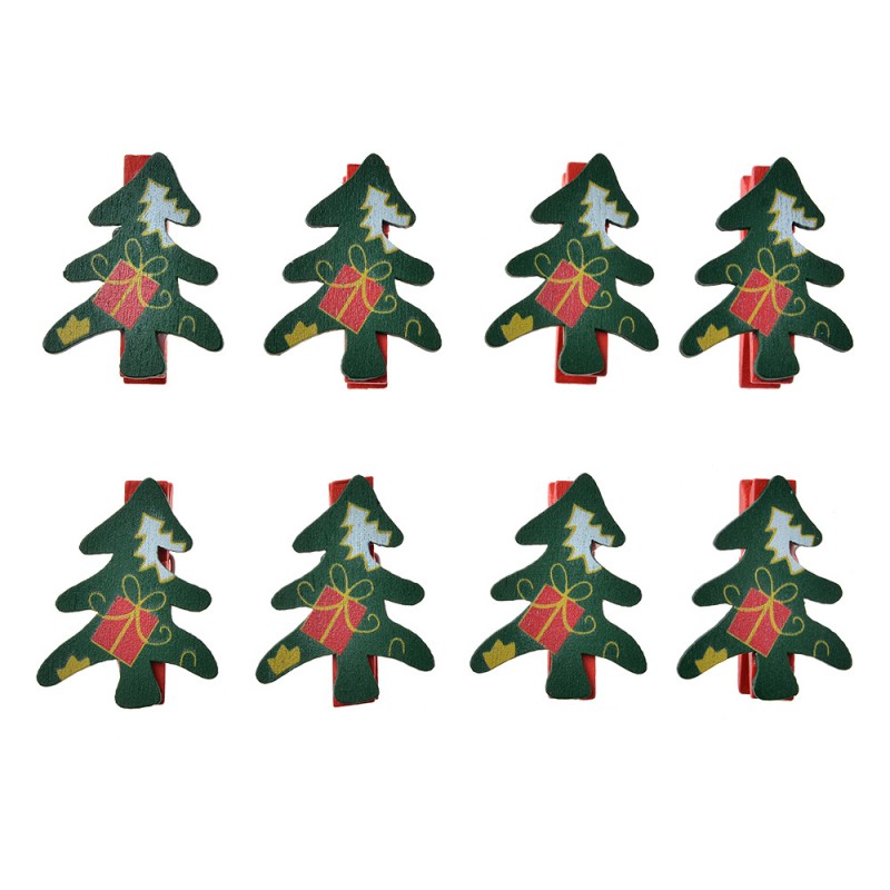 Deko-Holzklammern Tannenbaum mit Geschenk 8er-Set Grün-Rot 3x1x4 cm von Clayre & Eef (65640)