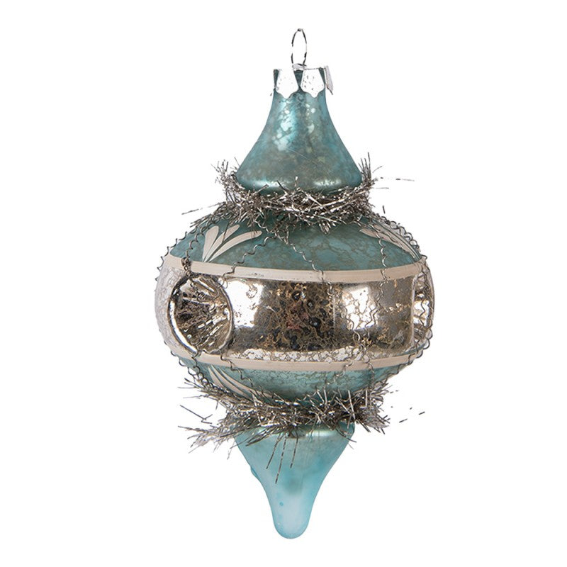 Weihnachtskugel Reflektorspindel mit Lametta Bauernsilber Glas Eisblau Silber Ø 7x13 cm von Clayre & Eef (65997)