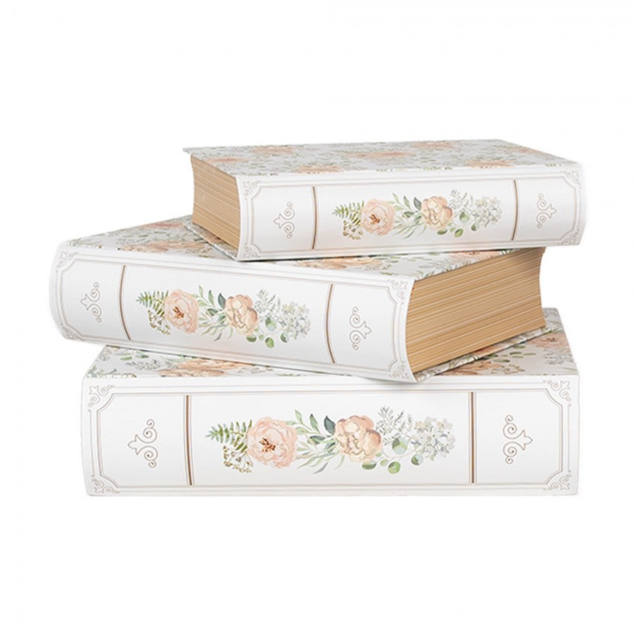 Buchboxen 3er Set Aufbewahrungsboxen Buchattrappen Pfingstrosen Weiß Grün Karton bis 29 cm von Clayre & Eef (66021)