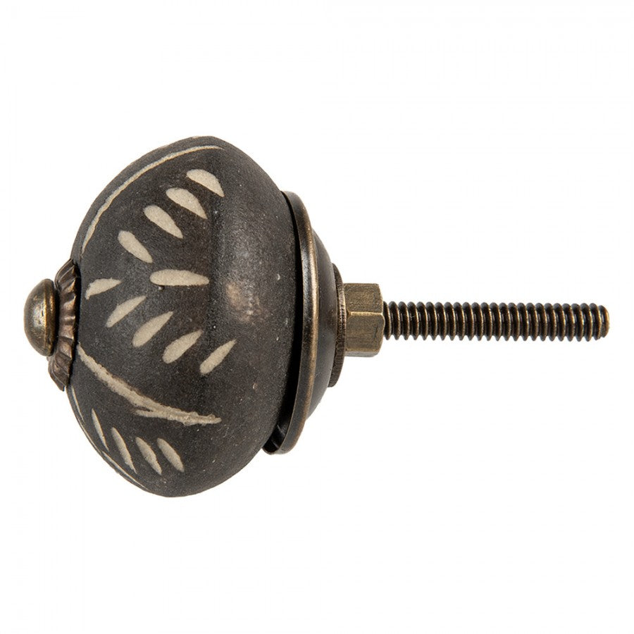 Keramik-Möbelknauf Rund Anthrazit-Weiß Blattgravur Ø 4x4 cm von Clayre & Eef (66054)