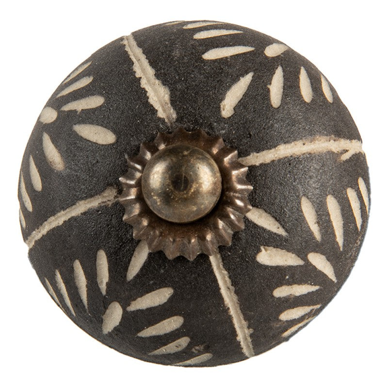 Keramik-Möbelknauf Rund Anthrazit-Weiß Blattgravur Ø 4x4 cm von Clayre & Eef (66054)