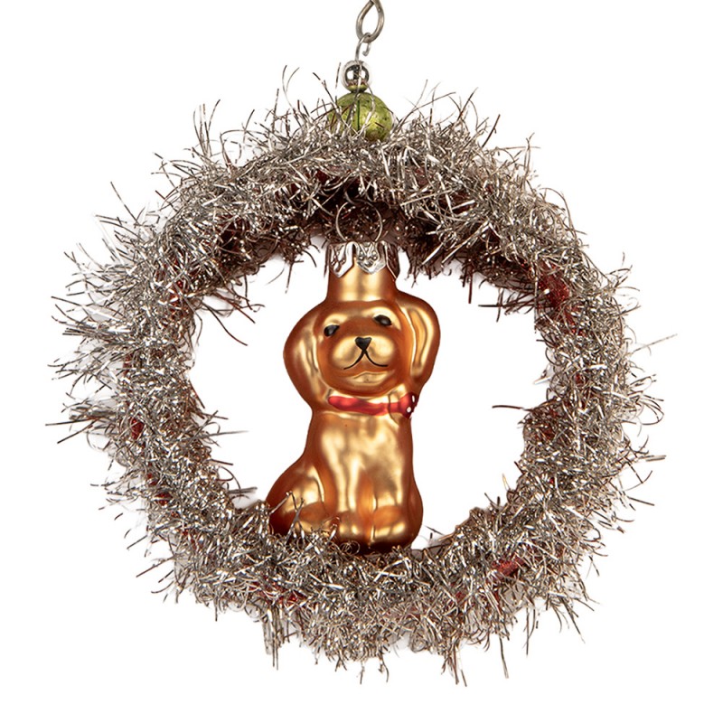 Weihnachtsanhänger Hund im Lamettakranz Glas Silberfarbig Gold 8x4x9 cm von Clayre & Eef (66538)