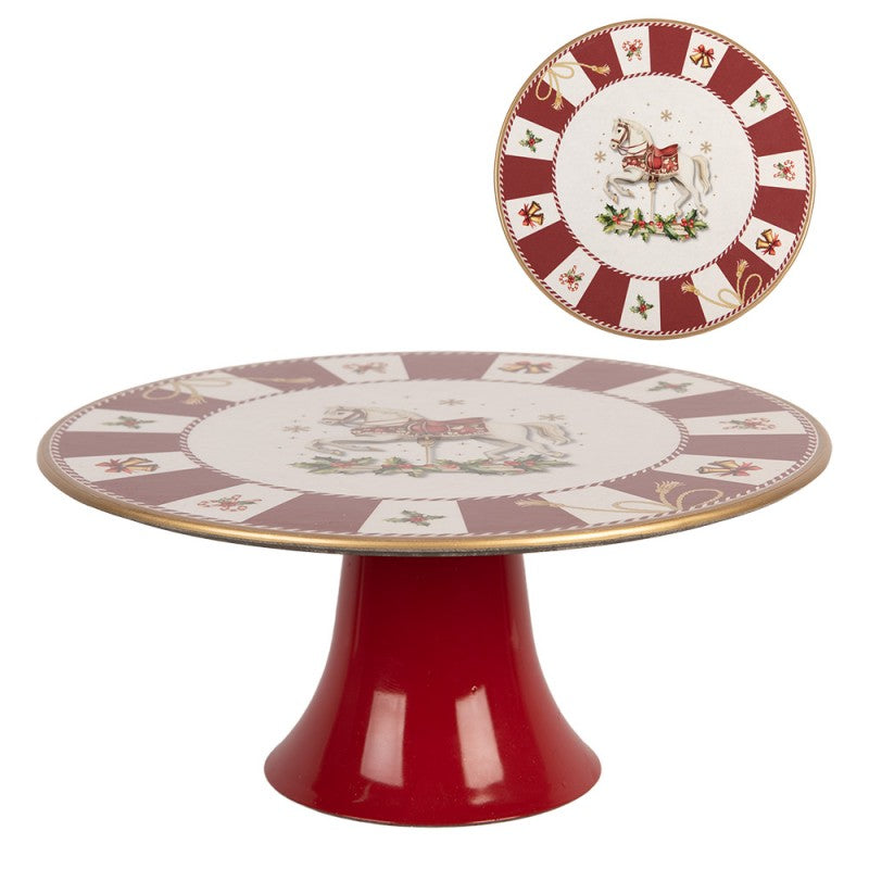 Tortenplatte auf Fuß Karussellpferd Rot-Weiß Gold Ø 22x10 cm von Clayre & Eef (66772)