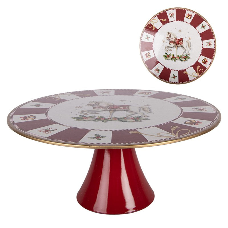 XXL-Tortenplatte auf Fuß Karussellpferd Rot-Weiß Gold Ø 33x14 cm von Clayre & Eef (66773)