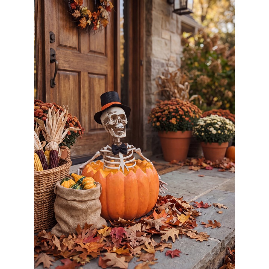 Halloween Deko Figur Skelett im Kürbis mit Zylinder Kunststoff Orange Weiß 19x16x25 cm von Clayre & Eef (66915)