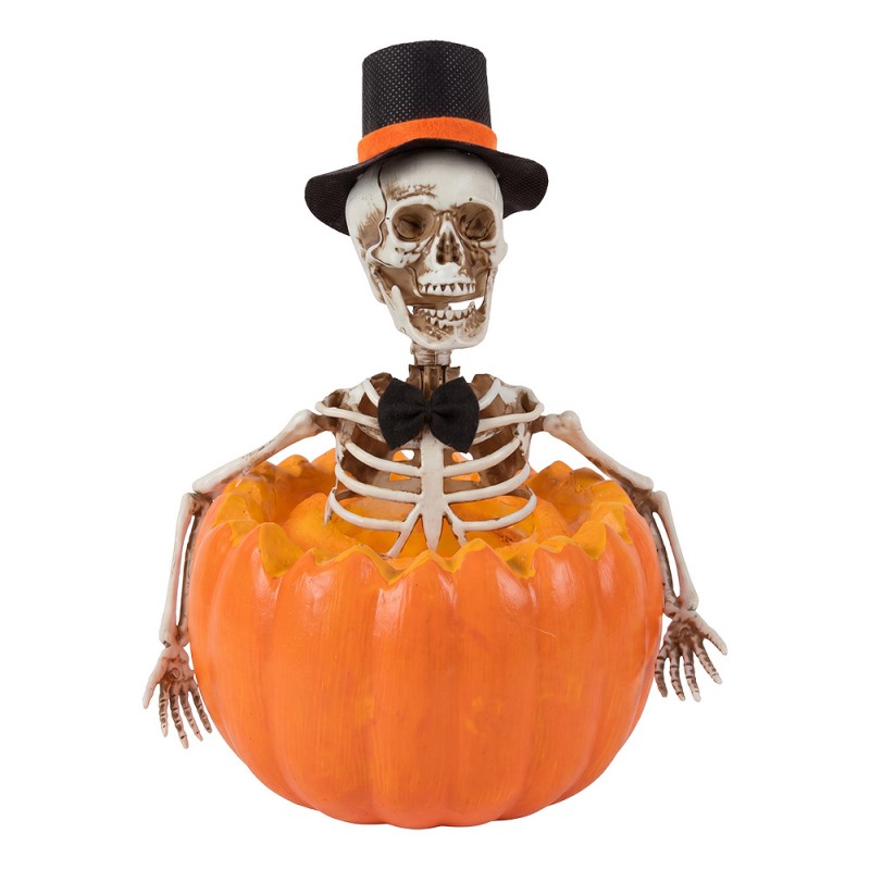 Halloween Deko Figur Skelett im Kürbis mit Zylinder Kunststoff Orange Weiß 19x16x25 cm von Clayre & Eef (66915)