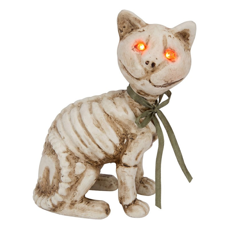 Halloween Deko Skelett Katze sitzend mit Schleife Kunststoff Beige Weiß 12x9x17 cm von Clayre & Eef (66924)