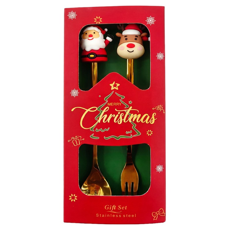 Dessertbesteck-Set 2-teilig Kaffeelöffel Kuchengabel Gold Weihnachtsmann Rentier 2x12 cm von Clayre & Eef (67025)