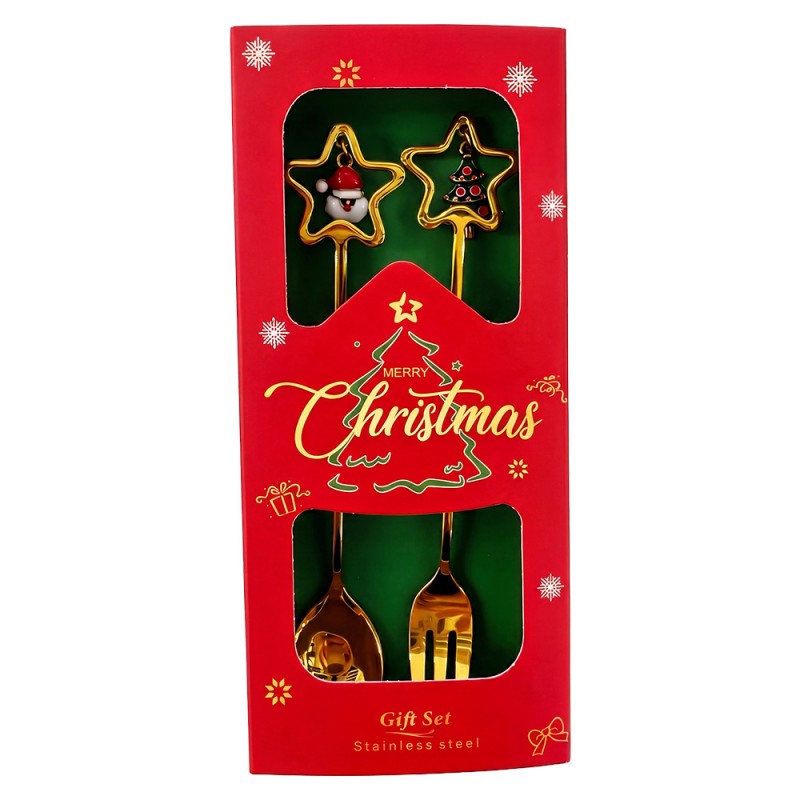 Dessertbesteck-Set 2-teilig Stern Kaffeelöffel Kuchengabel Gold Weihnachtsmann Tannenbaum 2x12 cm von Clayre & Eef (67026)