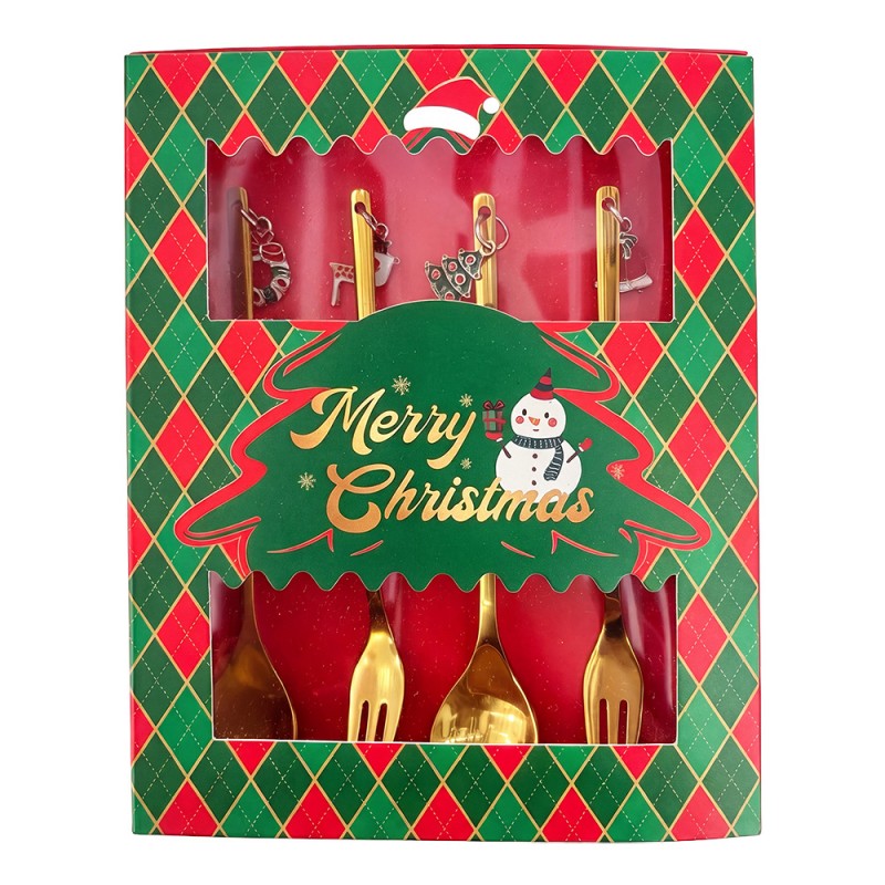 Dessertbesteck-Set 4-teilig Kaffeelöffel Kuchengabel Gold Weihnachts-Charms Karo 2x12 cm von Clayre & Eef (67027)