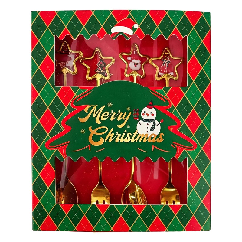 Dessertbesteck-Set 4-teilig Stern Kaffeelöffel Kuchengabel Gold Weihnachts-Charms Karo 2x12 cm von Clayre & Eef (67028)