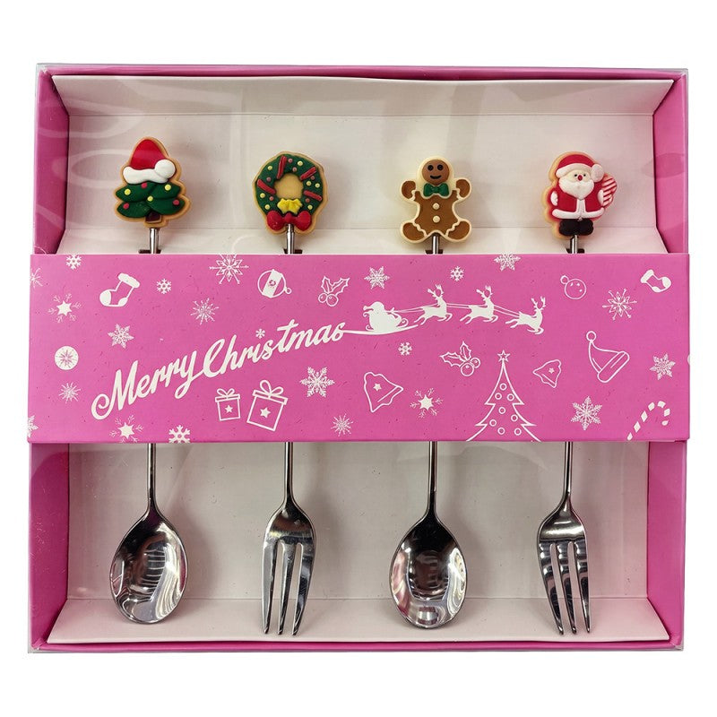 Dessertbesteck-Set 4-teilig Kaffeelöffel Kuchengabel Silber Lebkuchen Figuren Rosa 2x12 cm von Clayre & Eef (67030)