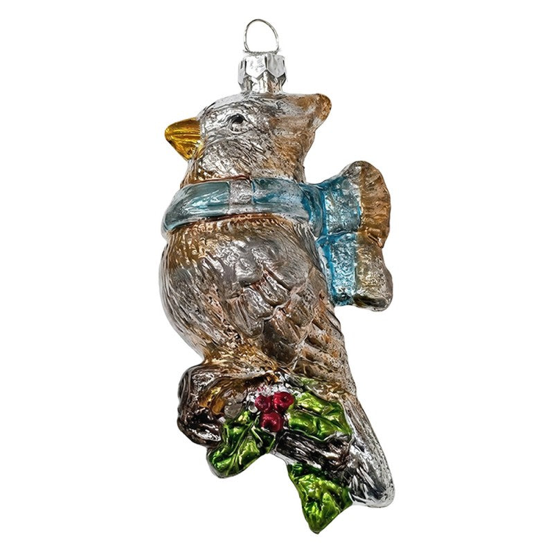 Weihnachtsanhänger Vogel mit Schal auf Zweig Kunststoff bruchsicher Braun Silber Blau 10 cm von Clayre & Eef (67068)