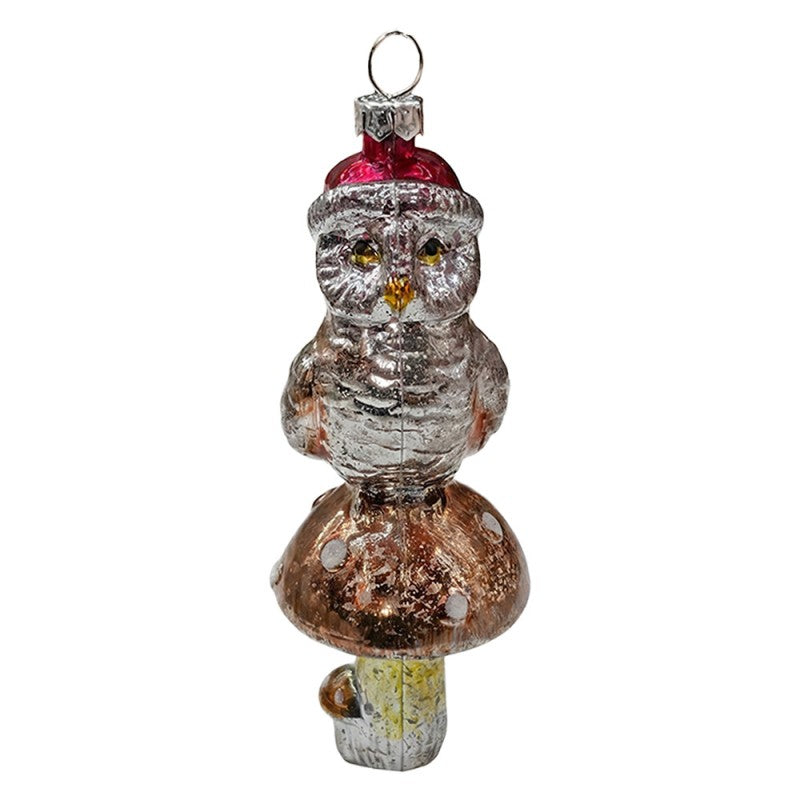 Weihnachtsanhänger Eule auf Pilz mit Mütze Kunststoff bruchsicher Silber Braun Rot 10 cm von Clayre & Eef (67074)